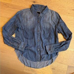 Rails Small Blue Chambray Raw Hem Long Sleeve Button Down Top Blouse Tencel